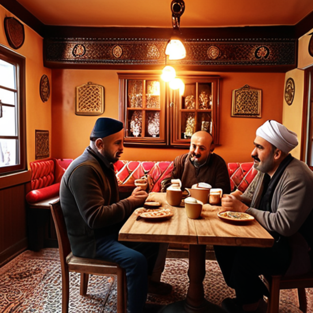 ** Cozy Turkish coffee shop interior, warm lighting, patrons enjoying traditional Turkish delights and conversation.

**