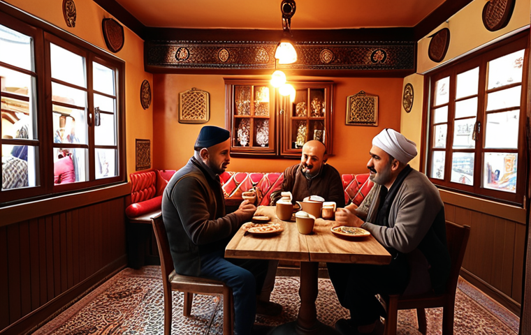 ** Cozy Turkish coffee shop interior, warm lighting, patrons enjoying traditional Turkish delights and conversation.
**