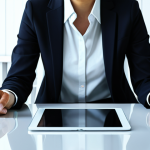 A focused digital marketing professional, fully clothed in modern, modest business attire, sits attentively at a minimalist desk. The background features a soft, abstract representation of the digital landscape, with subtle, interwoven light paths symbolizing information flow and connectivity. The individual is engaged with a clean, user-friendly interface on a tablet, illustrating a human-centered approach to navigating the vast digital space. The image conveys clarity, strategic thinking, and the importance of unique content in a busy online world. Safe for work, appropriate content, fully clothed, professional, perfect anatomy, correct proportions, natural pose, well-formed hands, proper finger count, natural body proportions, high quality, professional photography.