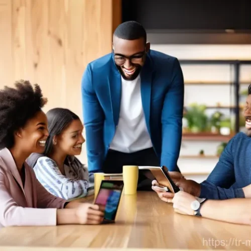 콘텐츠 마케팅과 커뮤니케이션 전략의 통합 - **Prompt:** A vibrant, sun-drenched cafe interior bustling with a diverse group of young adults and ...