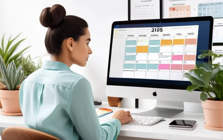 콘텐츠 캘린더 만들기 및 활용법 - **Prompt: Strategic Content Calendar Planning**
    A focused female blogger, in her early 30s, with...