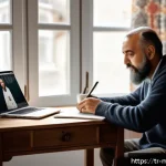 Home 14 콘텐츠 마케팅을 위한 스토리텔링 기법 - A warm and inviting digital workspace scene showing a Turkish content creator at a wooden desk with ...