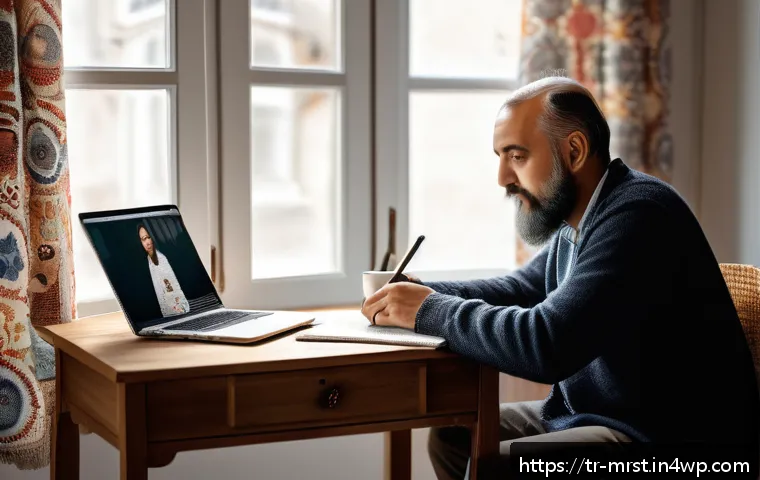 콘텐츠 마케팅을 위한 스토리텔링 기법 - A warm and inviting digital workspace scene showing a Turkish content creator at a wooden desk with ...