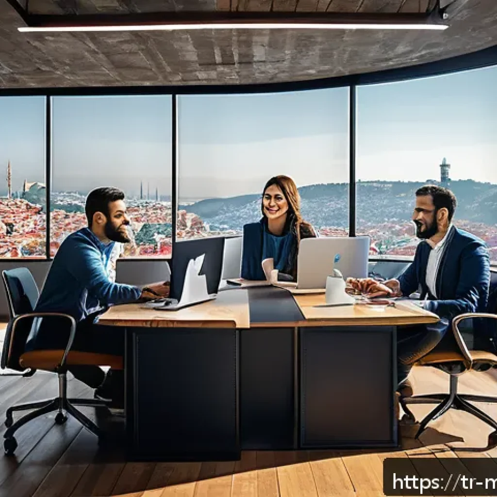 소셜 인사이트를 통한 콘텐츠 전략 수립 - A modern Turkish digital marketing team in a stylish Istanbul office, collaborating on content strat...