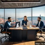 Home 19 소셜 인사이트를 통한 콘텐츠 전략 수립 - A modern Turkish digital marketing team in a stylish Istanbul office, collaborating on content strat...