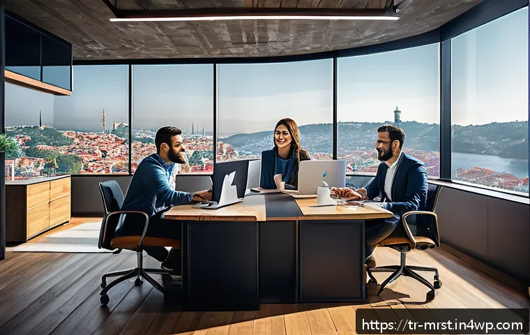 소셜 인사이트를 통한 콘텐츠 전략 수립 - A modern Turkish digital marketing team in a stylish Istanbul office, collaborating on content strat...
